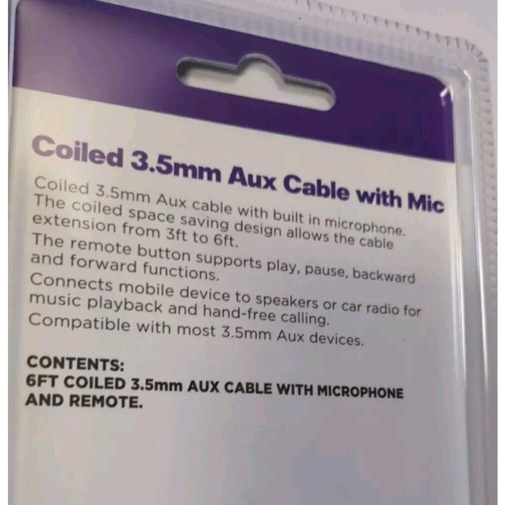 New Infinitive Coiled 3.5 mm Aux Cable with Mic and Remote New 6ft. Sealed NIP